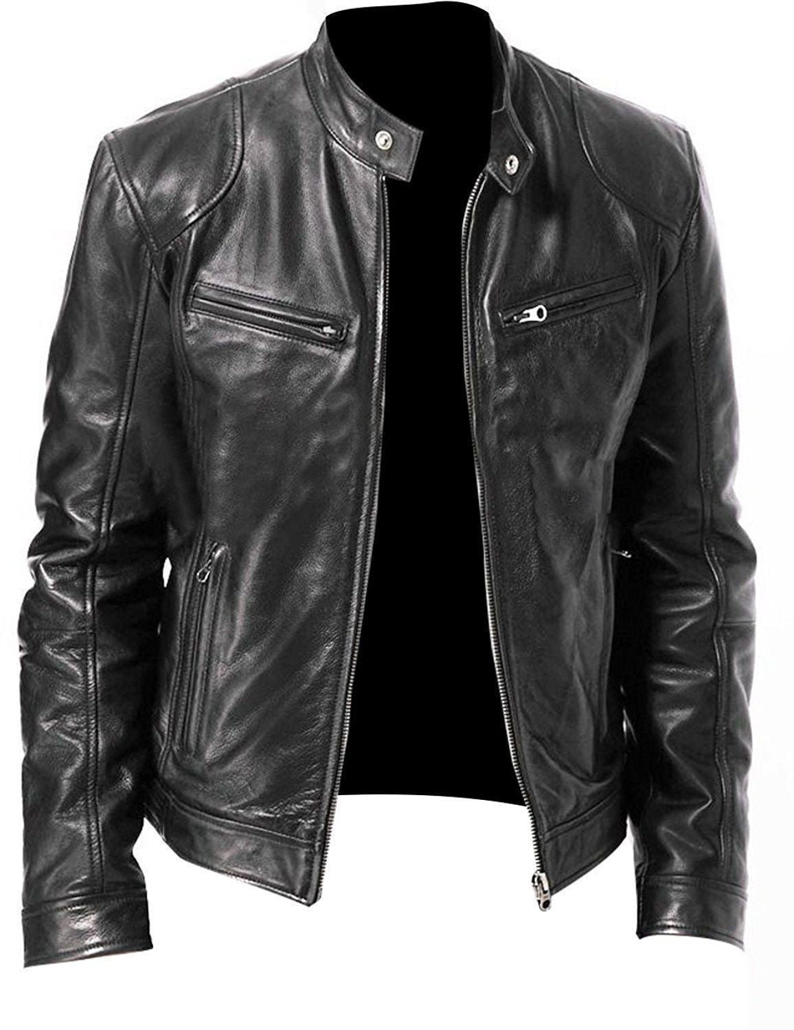 Men's Slim Fit PU Leather Biker Jacket with Zipper Pocket