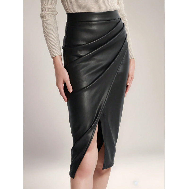 Women's High-Waisted PU Leather Bodycon Skirt with Side Slit