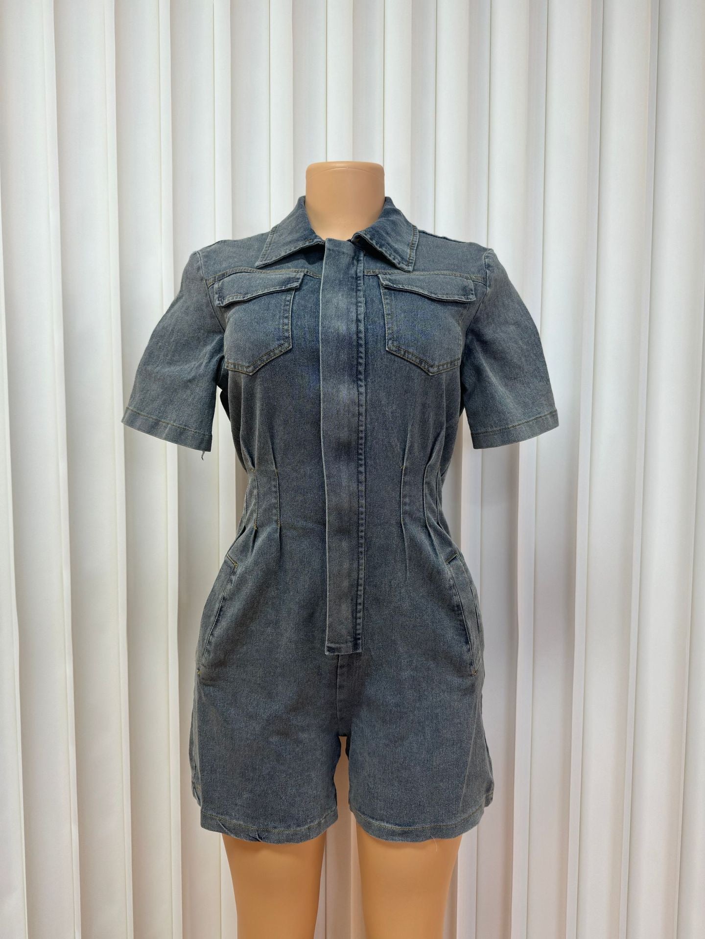 Women's Slim Fit Denim Jumpsuit with Lapel and Zipper